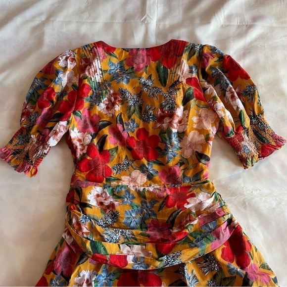 NICHOLAS- Orange Tangerine Floral Puff Sleeve Pintuck Mini Dress Size 4 - Picture 7 of 9